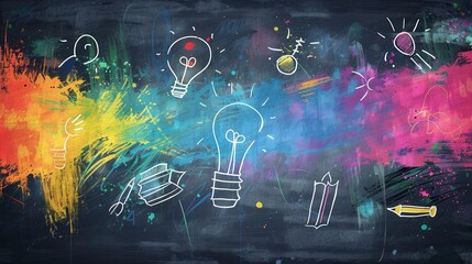 Aufkleber - A vibrant chalkboard showcases hand-painted drawings of classroom items, including globes, rulers, and lightbulbs, creating an inviting learning atmosphere. Generative AI