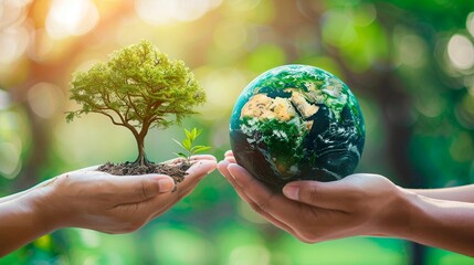 hands of woman with green tree and globe on nature background