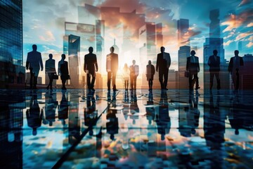 Canvas Print - Group of people standing together in front of a city skyline, great for event or crowd scene