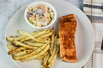 Wall Mural - barbecue salmon with home made fries and cole slaw