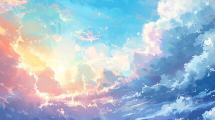 Watercolor-style illustration of a bright blue sky with soft, fluffy white clouds and a hint of sun.