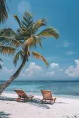 Sticker - Two lounge chairs placed under a palm tree on a sunny beach