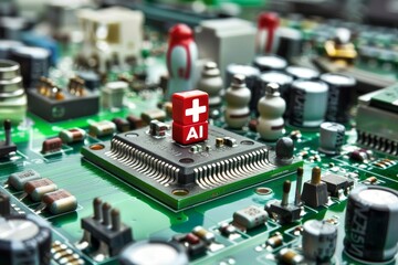 Poster - High-tech motherboard in a medical setting, representing AI's impact on healthcare advancements.