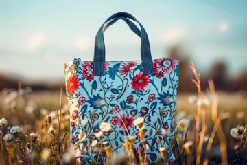 A blue and red striped bag rests among colorful flowers