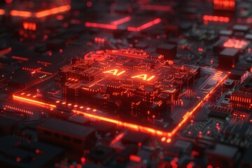 Canvas Print - Vibrant circuit board powering up in red, symbolizing the fiery energy of technological innovation.