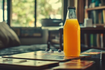 Wall Mural - A Bottle of Orange Juice on a Table with Books and Coasters