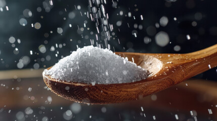 A spoonful of salt is on a wooden table. The salt is white and the spoon is brown