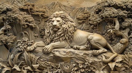 Lion lying down in a detailed carved landscape with trees and rocks. Black and white digital art illustration. Nature and wildlife concept. Design for poster, wallpaper, print. Landscape view.