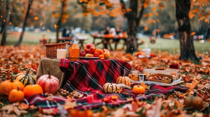 Photo of a festive autumn picnic with a variety of orange and red foods and fall decorations