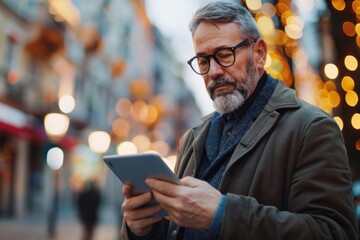 Sticker - A person wearing glasses holds and views a tablet computer, great for technology or daily life scenes