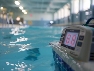 Close-up of a digital thermometer displaying a temperature of 88 in a bright, clear swimming pool.