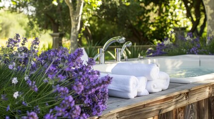 Photo of a luxurious outdoor bath with soft towels and summer flowers