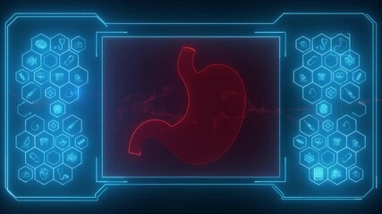 Medical interface window, anatomy and medicine icons. Stomach icon. Gastroenterology technology concept.