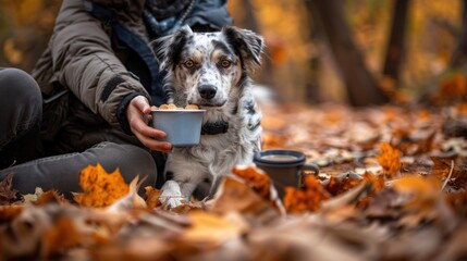 Wall Mural - a person and their dog enjoying an autumn picnic with a thermos of hot drink and snacks