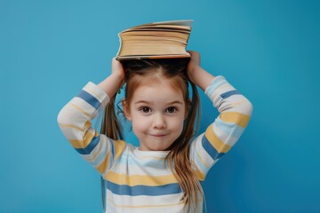 Canvas Print - A young girl balances a stack of books on her head, a creative and playful pose