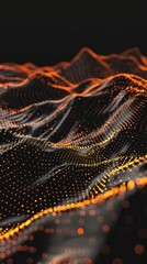 Wall Mural - Abstract black dark background with orange dots and lines, creating a wave pattern on the surface of mountains, 3D rendering, white background, high resolution 