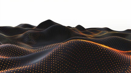 Wall Mural - Abstract black dark background with orange dots and lines, creating a wave pattern on the surface of mountains, 3D rendering, white background, high resolution 