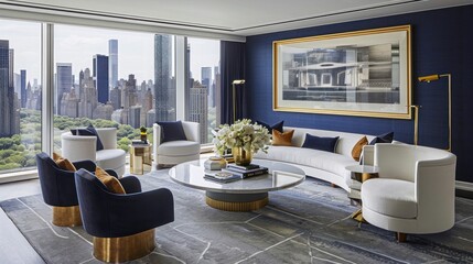 Wall Mural - a sophisticated living room with dark blue walls and white furniture