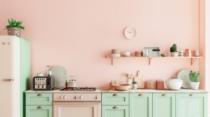 Wall Mural - stylish pastel pink and green kitchen with matching appliances and decor