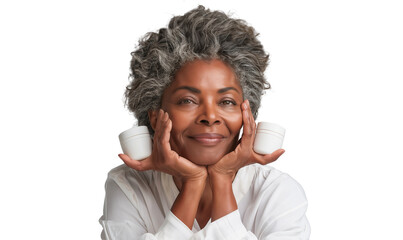 Wall Mural - Portrait of a smiling senior African American woman holding a jar of of cosmetic skincare cream, concept of beauty, isolated on transparent background