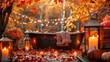 © evgenia_lo - an outdoor bathtub surrounded by autumnal decorations and cozy blankets
