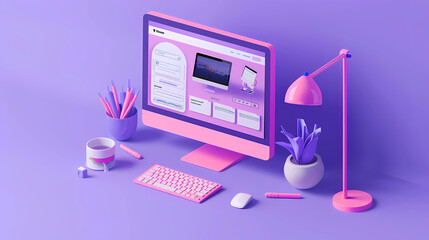 3D computer app for website, office, business, design isolated on purple background. 3D render icon illustration wallpaper.