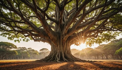 Sticker - Ancient Tree With Sunlight Filtering Through Branches.