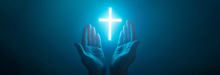 Sticker - Hands towards christian glowing cross against blue background