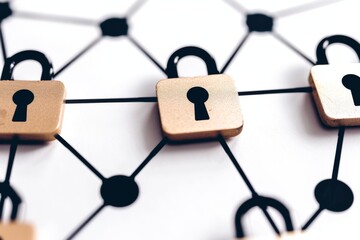 Poster - Conceptual network security represented by interconnected locks on a white background.