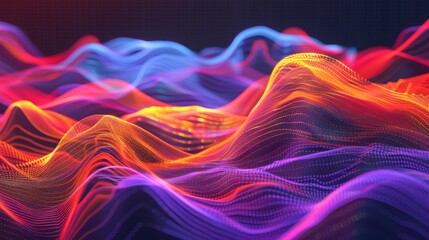 Poster - Dynamic 3D waves of colorful lines creating an abstract digital landscape.
