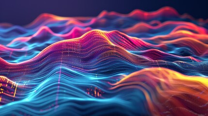 Poster - Dynamic 3D waves of colorful lines creating an abstract digital landscape.