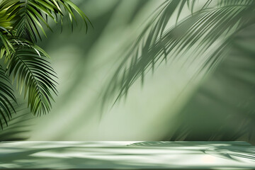 green background with tropical leaves and their shadow on the walls. empty studio for presentation. product demonstration