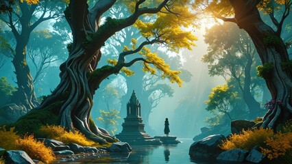 Wall Mural - Enchanting Forest Stream with Mysterious Ruins.