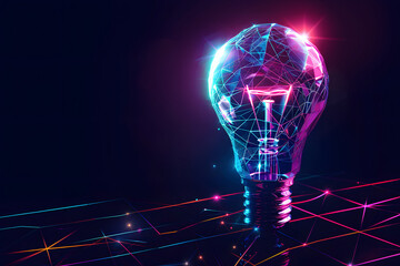 Wall Mural - Abstract geometric light bulb in blue and purple neon colors on a dark background. Concept of a good or new idea