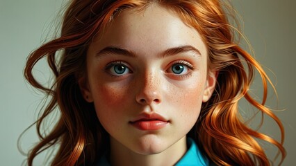 Poster - Portrait of a Young Woman with Red Hair and Blue Eyes.