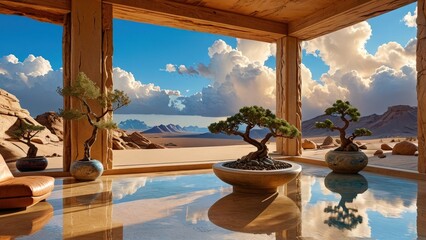 Canvas Print - Desert Oasis with Bonsai Trees.