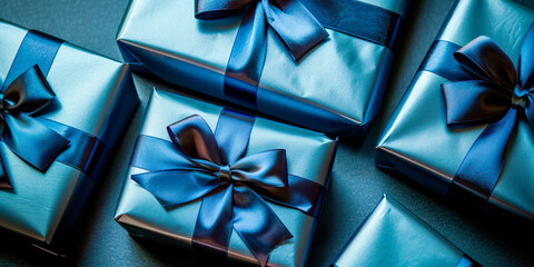 A row of blue wrapped gifts with bows on top