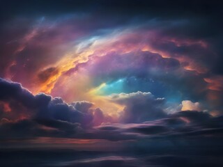 Wall Mural - A breathtaking, cinematic photograph showcasing a vibrant rainbow celestial sky at nighttime, with swirling clouds of iridescent hues, ranging from soft pastel pinks and blues Generative AI