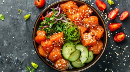 Wall Mural - Top view of a delicious salmon poke bowl with fresh vegetables and sesame seeds.