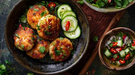 Wall Mural - Top view of a dish of Thai fish cakes with a side of cucumber relish.