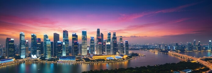 Poster - Singapore Skyline at Sunset with Colorful Sky.