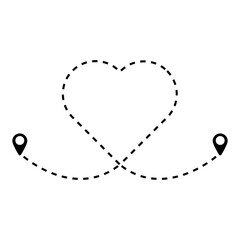 Dotted line heart route. Black dashed line forming heart shape. Location pins at start and end. Vector illustration.