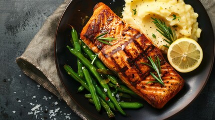 Sticker - Top view of a grilled salmon steak with a side of mashed potatoes and green beans.