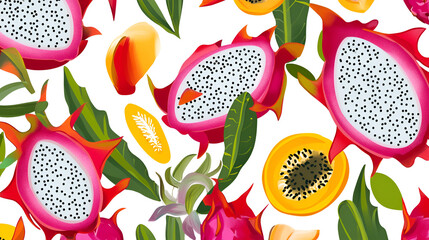 Poster - Tropical Fruit Seamless Pattern - Dragon Fruit, Mango, and Papaya