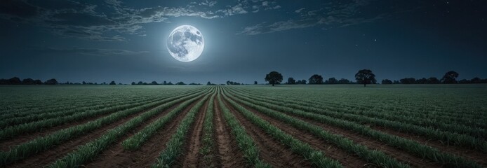 Poster - Full Moon Over Green Field.