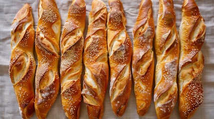 Wall Mural - Top view of freshly baked baguettes arranged neatly on a linen cloth.