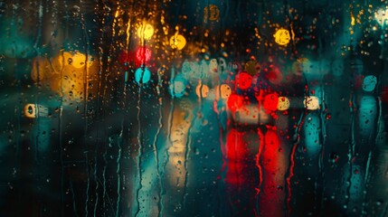 Canvas Print - Traffic lights glowing through the raindrops on a wet window, creating a blurred and colorful effect.