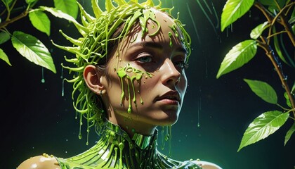 Wall Mural - Woman Covered in Green Liquid with Leaves.