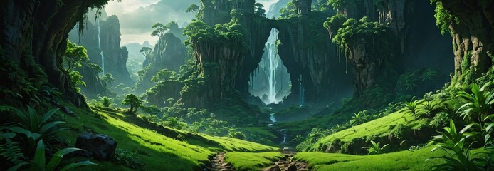 Sticker - Lush Green Valley with Waterfall and Cave.