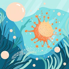 Wall Mural - Macrophage cell, engulfing small molecules with sea and plant background, flat design illustration